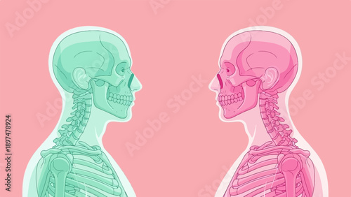 Two stylized anatomical skeletons face each other on a pink background