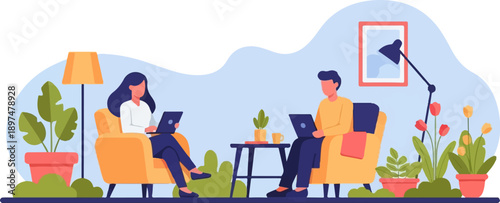 Two people working on laptops while relaxing on chairs