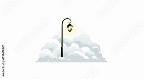 A vintage street lamp glows brightly amidst a sea of soft, white clouds