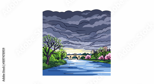 Stormy sky over a picturesque river scene with a stone bridge and city skyline