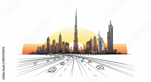 A sketch of a vibrant city skyline at sunset with a highway leading towards it