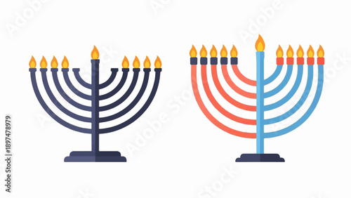 Two stylized, illuminated menorahs displayed side by side on a white background