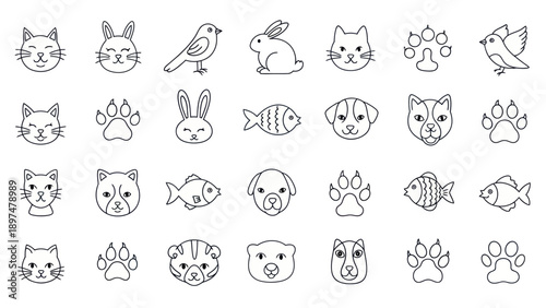 Cute Animal Icons Set: Pets, Birds, Wildlife Line Art Collection