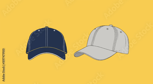 Two simple, illustrated baseball caps, one dark blue and one light gray, displayed against a bright yellow background