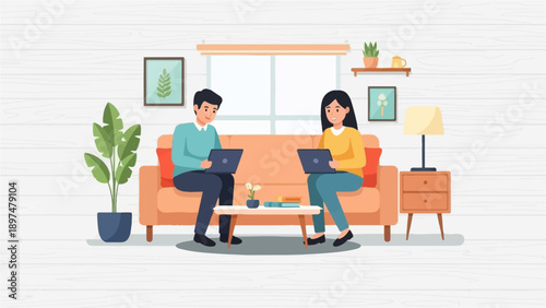 Two people working on laptops while sitting on a couch