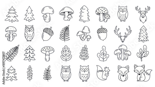 Cute Forest Animals, Mushrooms, and Trees Hand-Drawn Doodle Icons Set