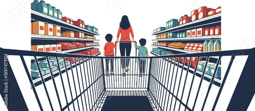 A family shops at the grocery store, viewed from inside a shopping cart