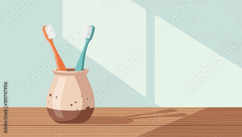 Two toothbrushes in a speckled holder on a wooden surface