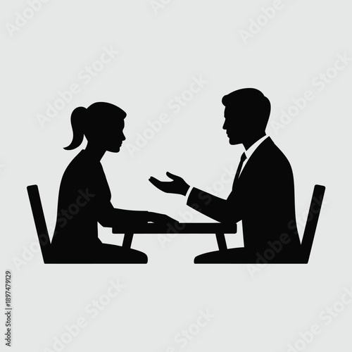 Silhouette of two people having a conversation at a table in a business setting isolated on white background, Vector, illustration