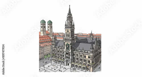 Ornate medieval town hall with tall spire and adjacent church with twin domes