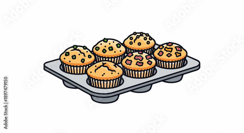 Six savory muffins with green toppings and bacon bits in a muffin tin
