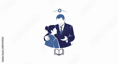 A man in a suit places his arm around a woman, with a gear icon above and an open book below