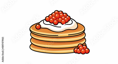 Stacked golden pancakes topped with creamy white filling and bright red caviar
