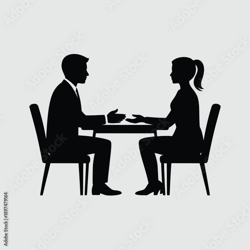 Silhouette of a job interview between a man and a woman at a table isolated on white background, Vector, illustration