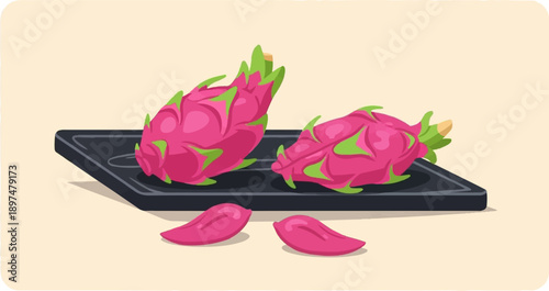 Two vibrant pink dragon fruits rest on a dark tray with two detached petals