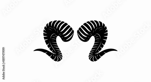 Pair of stylized black ram horns with white highlights on a white background