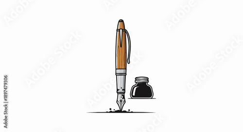 A wooden fountain pen with a metal nib is poised to write, beside a small ink bottle