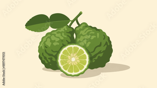 Two whole kaffir limes and one cut in half on a light background