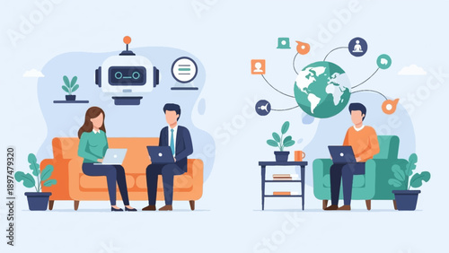 Two people working on laptops with a robot and a globe on a light blue background