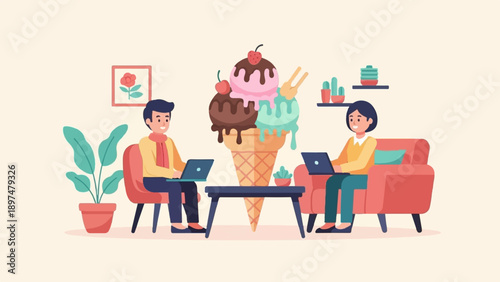 Two people working on laptops with a giant ice cream cone centerpiece