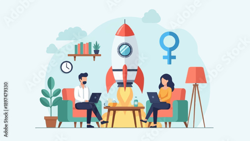 Two people working on laptops with a rocket launching behind them