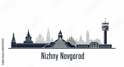 Silhouette of Nizhny Novgorod landmarks, including Kremlin, churches, and a tower