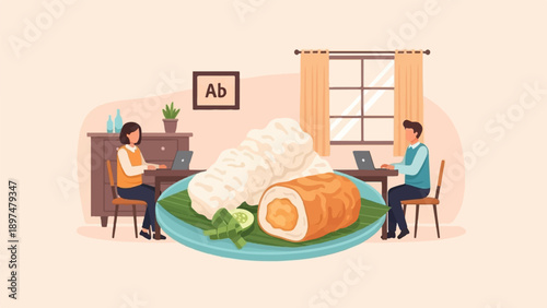 Two people working on laptops with food in front of them