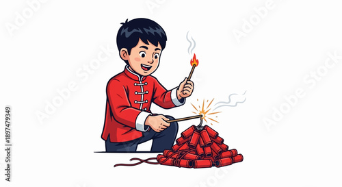 A smiling boy in traditional red attire lights a string of firecrackers, sparking celebration