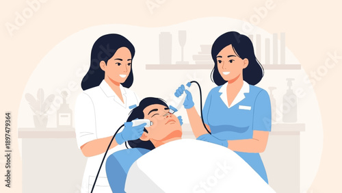 Two women administer facial treatments to a person lying down