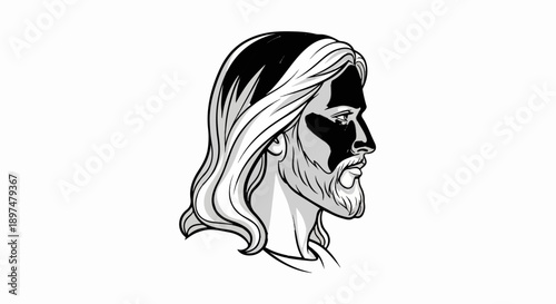Stylized profile portrait of a bearded man with long, flowing hair