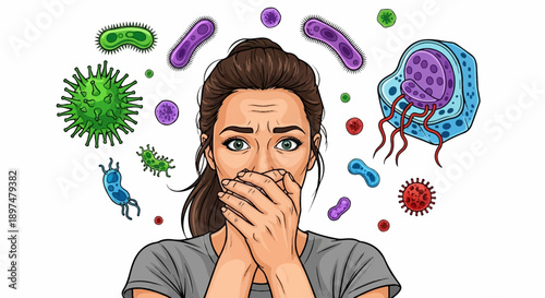 Distressed woman covering her mouth surrounded by various colorful microorganisms, depicted in a flat, illustrative style