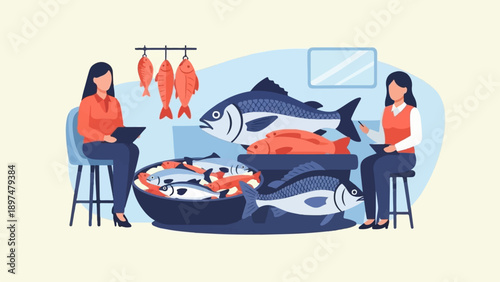 Two women analyze fish at a marketplace display