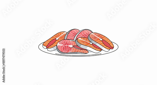 Fresh salmon steaks artfully arranged on a white plate, ready for preparation