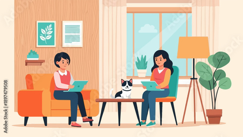 Two women and a cat relax at home, each working on a laptop