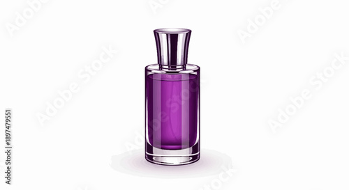 A sleek glass perfume bottle filled with vibrant purple liquid and a metallic silver cap