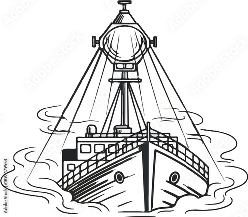 Black and white illustration of a ship's bow with searchlight beams