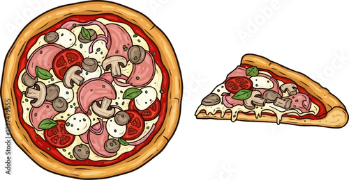 A whole pizza and a slice, both topped with ham, tomato, mozzarella, onion, and mushrooms