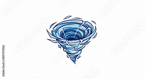 Stylized illustration of a powerful blue tornado, a vortex of swirling, fragmented shapes