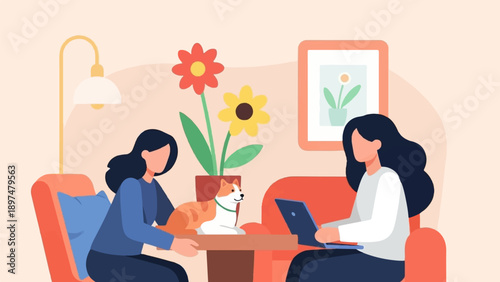 Two women and a cat relax indoors with a lamp, flowers, and artwork