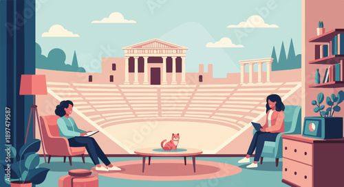 Two women and a cat relax near ancient ruins, with a bookshelf and lamp