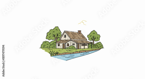 Rustic wooden house with chimney stands beside a flowing river, surrounded by trees and greenery