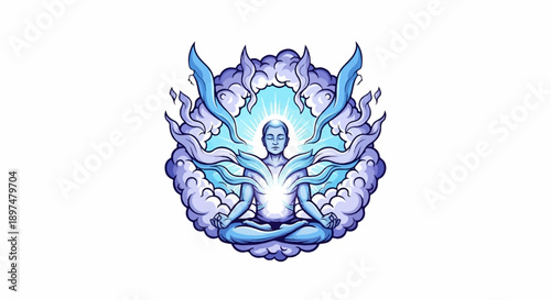 A figure meditates radiating light surrounded by swirling blue and purple energy