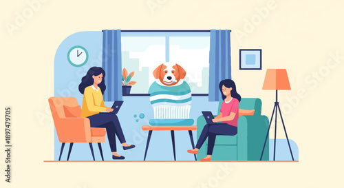 Two women and a dog relax in a cozy living room with a laptop