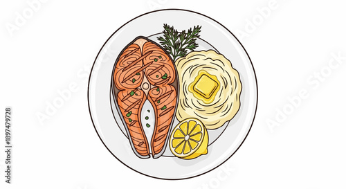 A grilled salmon steak with mashed potatoes, lemon, and dill
