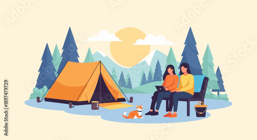 Two women and a dog camping in the mountains with a tent and laptop