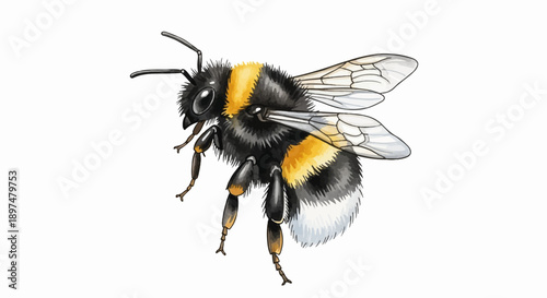 A fluffy bumblebee with black and yellow stripes and white wings hovers on a white background