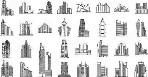 A collection of diverse modern architectural building designs in a linework style