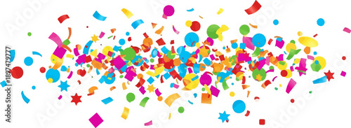 A vibrant burst of colorful confetti and streamers creates a festive and celebratory atmosphere