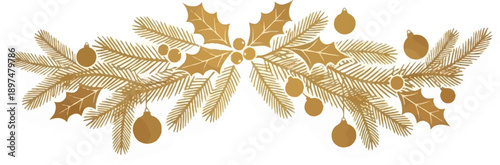 Golden pine garland with holly leaves and festive ornaments