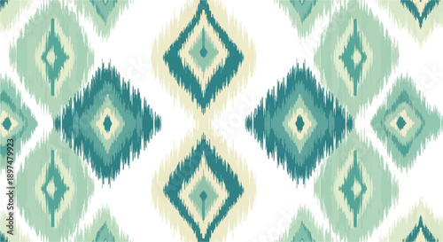 A repeating pattern of textured diamond shapes in teal, light green, and cream on a white background